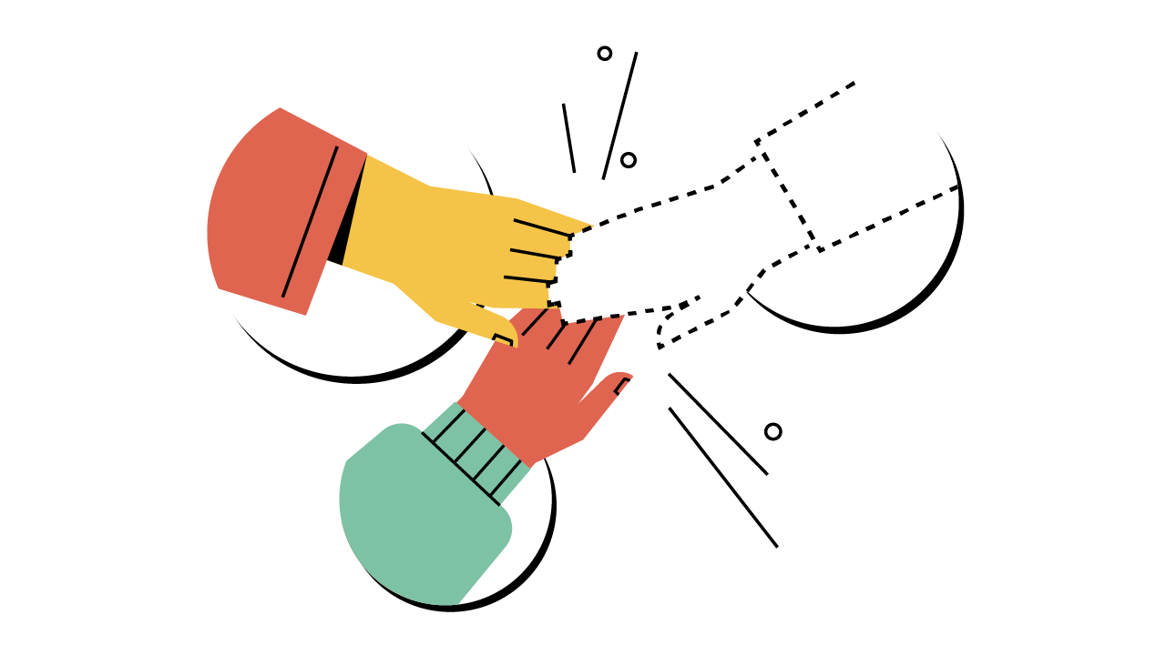Image of three hands working together as an illustration of working together with full-service animation company Creative Beards