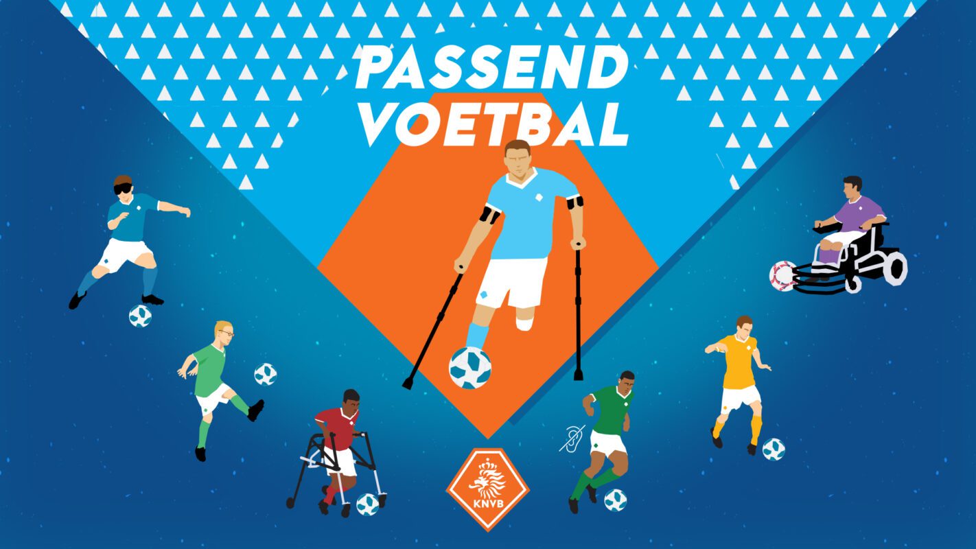 Beeld van verschillende voetballers met beperkingen ter Illustratie van animatie over passend voetbal voor lichamelijke en verstandelijke beperking door animatiebedrijf Creative Beards