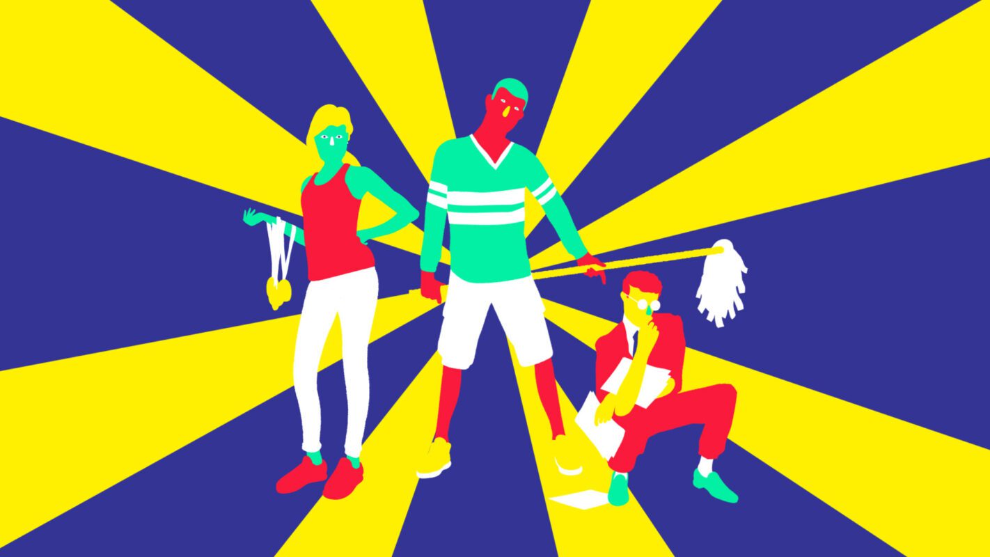 Beeld van drie stoere vrijwilligers in de sport ter Illustratie van animatie voor sport club door animatiestudio Creative Beards