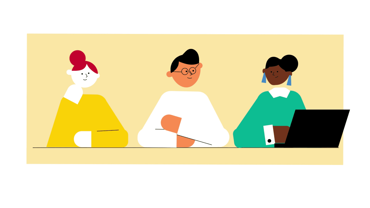 Beeld van drie personen naast elkaar aan tafel of collegebank die het fijn met elkaar hebben ter illustratie van animatievideo over omgangsvormen universiteit door animatiebureau Creative Beards