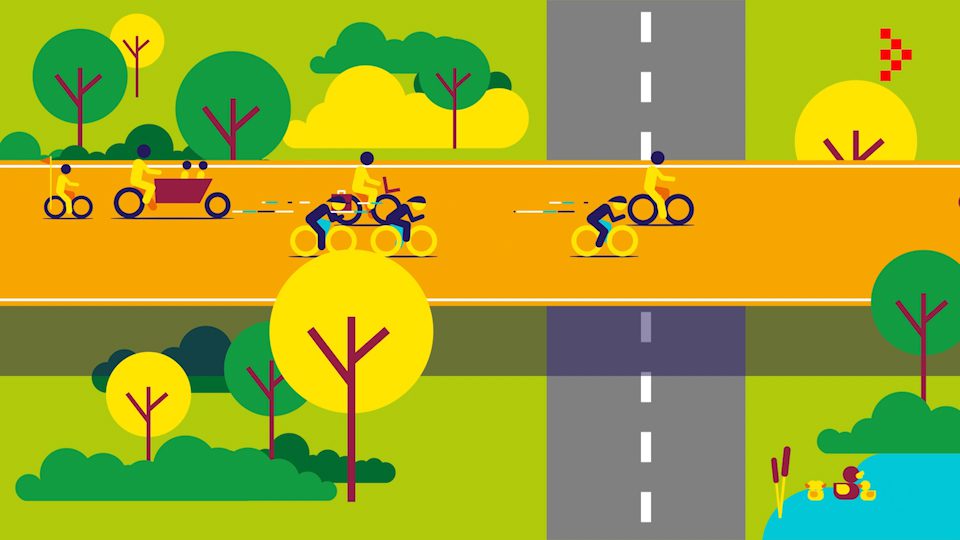 Beeld van fietsers op snelfietsroute ter illustratie van 2d animatievideo over snelfietsroutes door animatiebedrijf Creative Beards