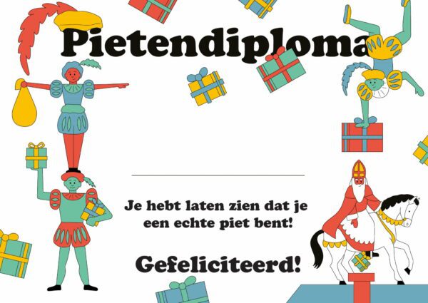 Illustratie van pietendiploma in kleur met allemaal vrolijke regenboogpieten en sinterklaar voor jonge pietjes