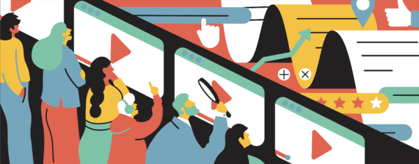 Beeld van mensen die naar schermen kijken en daarachter allemaal opties om dit te beinvloeden ter illustratie voor blog over youtube animatiefilm promoten