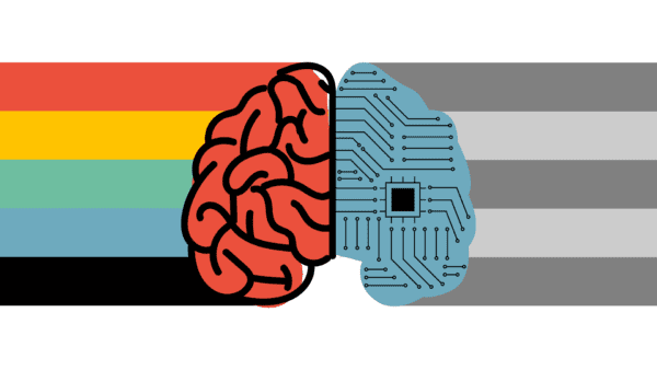 We zien een beeld van mensen hersenen met regenboog kleuren eruit en een beeld van computer hersenen met zwart wit eruit ter illustratie van de samenwerking tussen creatief mens en AI tools