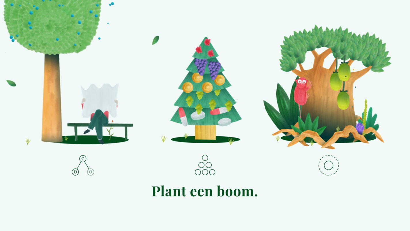 Beeld van drie bomen naast elkaar die allemaal een bepaalde functie van een boom vertegenwoordigen ter illustratie van animatie over belang van bomen door animatiestudio Creative Beards