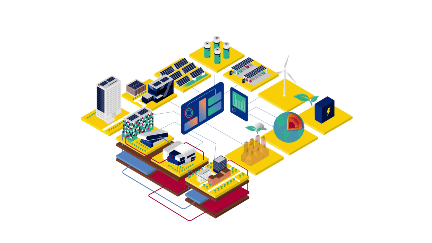 Beeld van complete energievoorziening met dashboard in het midden in 3d stijl ter illustratie van animatie over energietransitie door animatiestudio Creative Beards