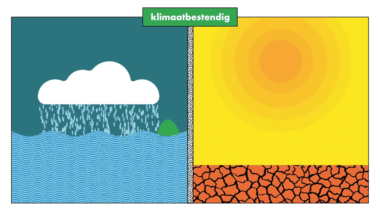 Beeld van regen en wateroverlast en droogte en hitte in splitscreen ter illustratie van animatie over klimaatverandering en klimaatadaptatie door animatiestudio Creative Beards