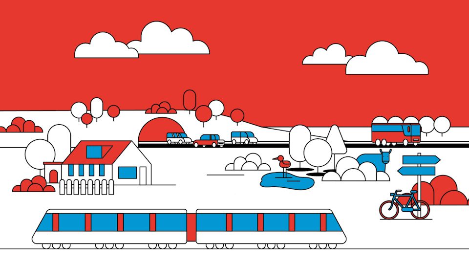 Beeld van landschap met allerlei vervoersmiddelen ter illustratie van animatie voor provincie utrecht door animatiestudio Creative Beards