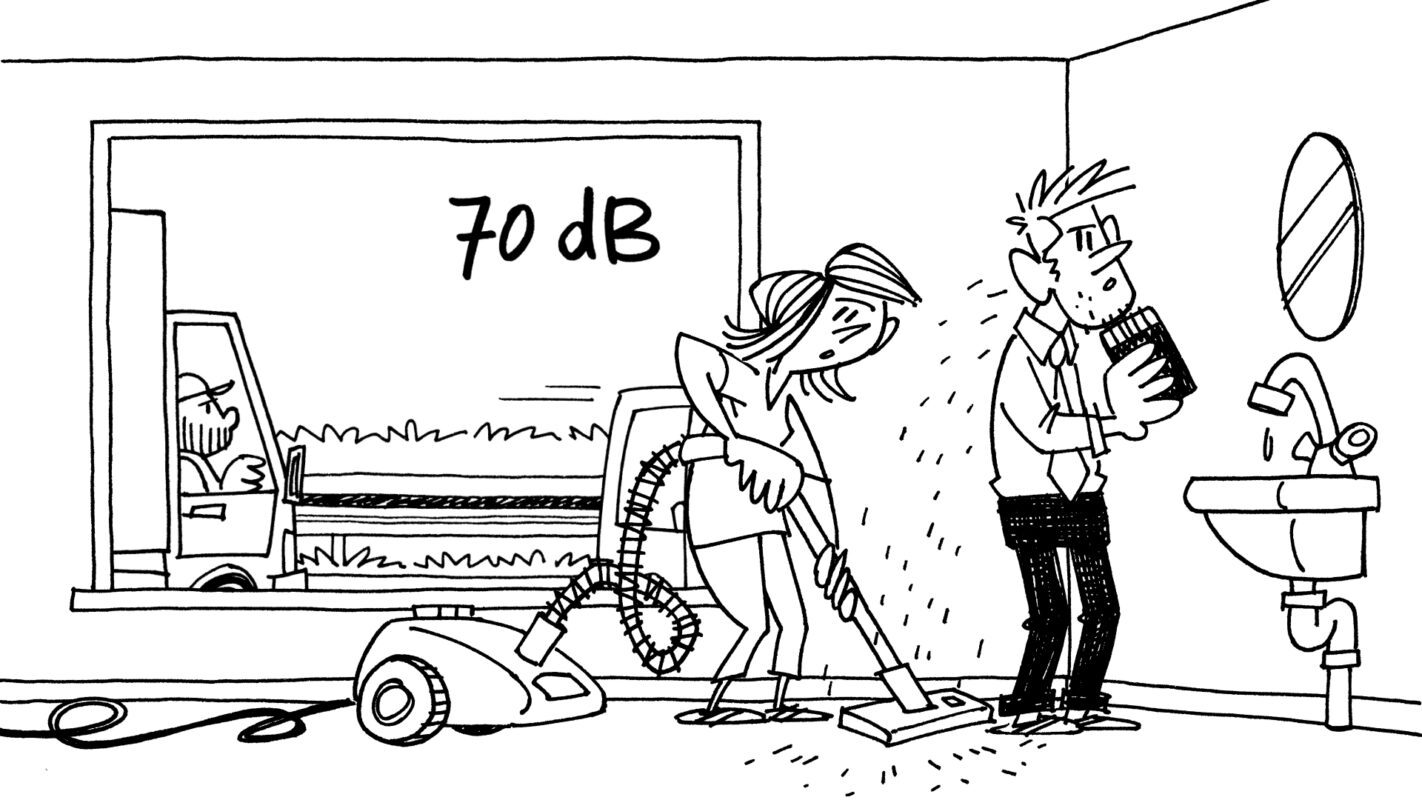 Getekend beeld van personen die binnenshuis staan terwijl buiten het huis verkeer rijdt ter illustratie van animatie voor rijksoverheid over geluid door animatiebureau Creative Beards
