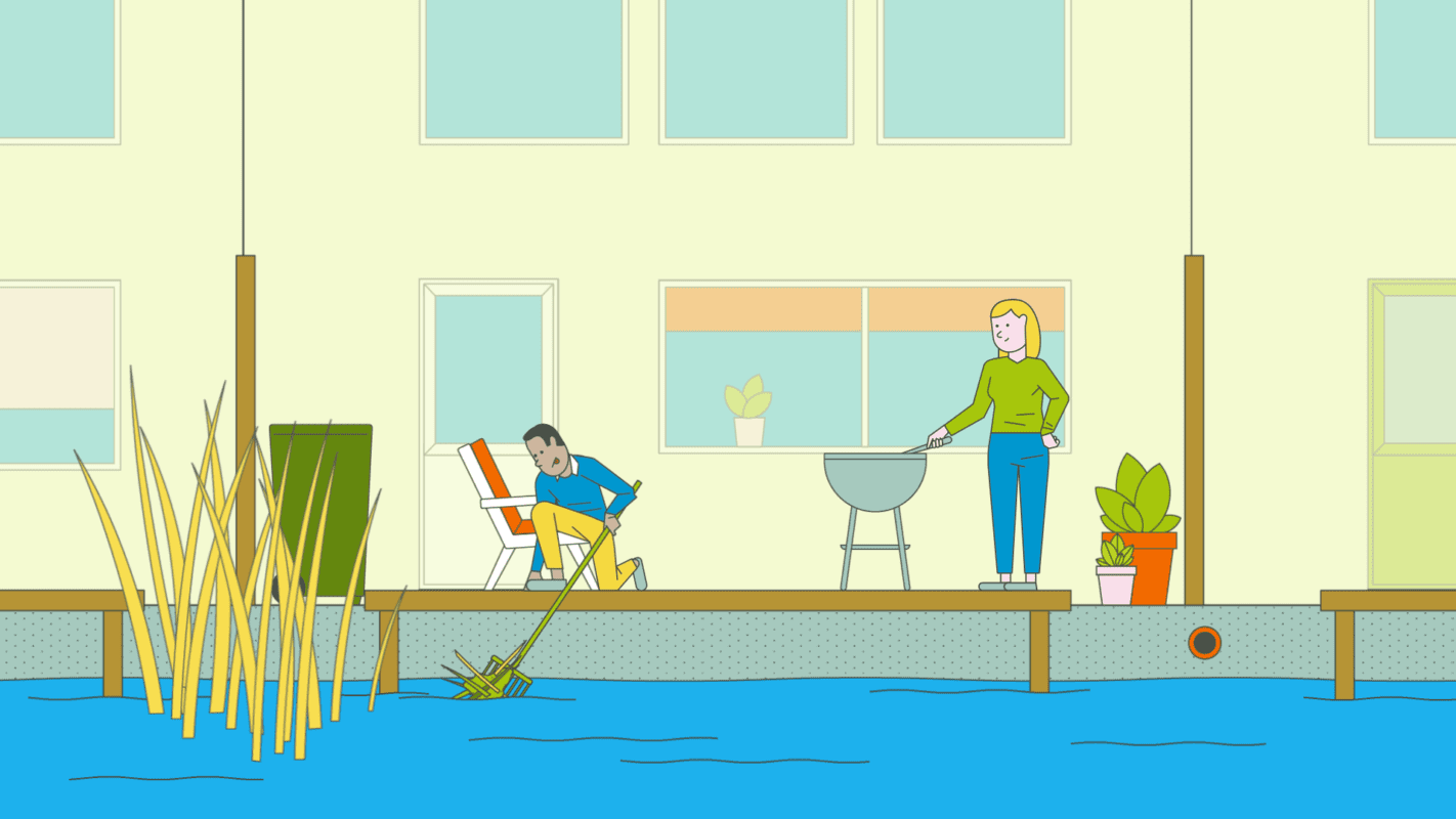 Beeld van man die watergang schoonmaakt ter illustratie van animatie over onderhoud aan watergangen door animatiebureau Creative Beards