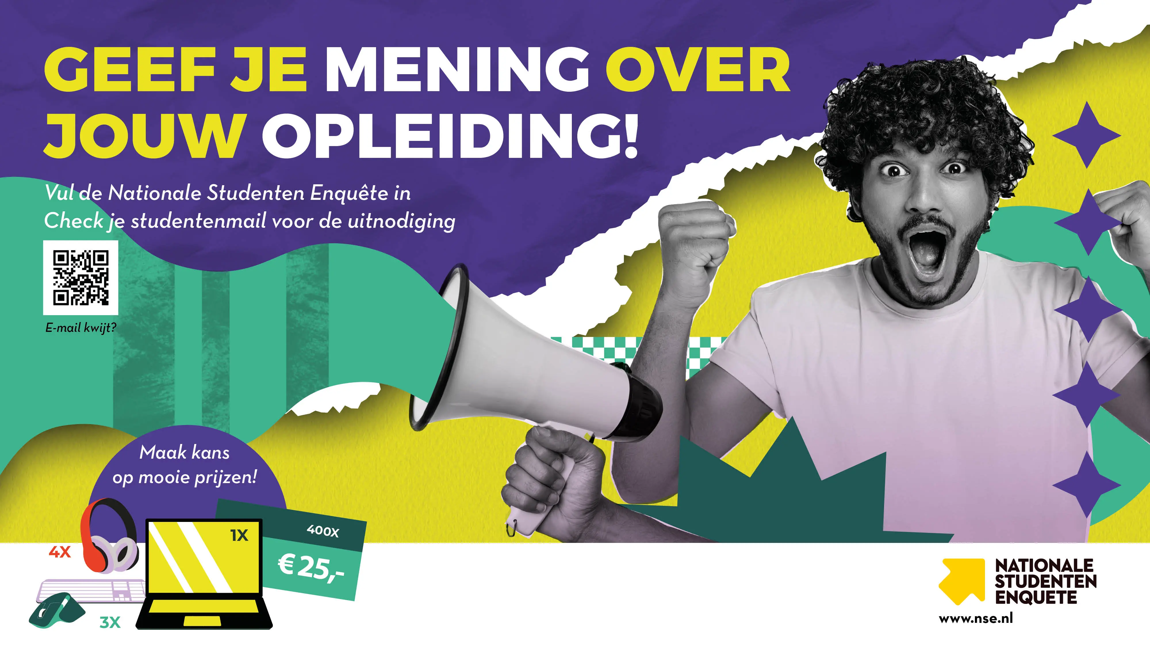 Beeld van man die juicht dat hij zijn mening mag geven ten behoeve van campagneposter nse 2024