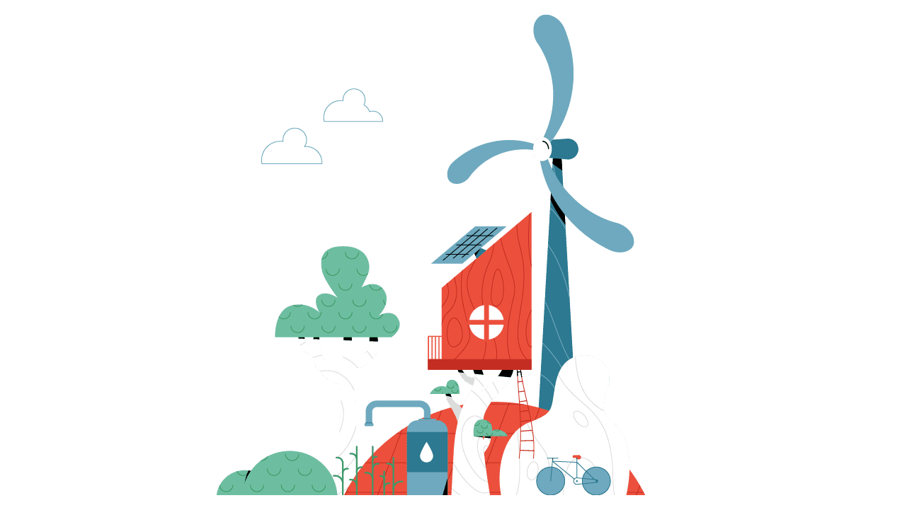 Beeld van duurzame samenleving met zonnepanelen en windmolen ter illustratie van explainer over duurzaamheid door animatiestudio Creative Beards