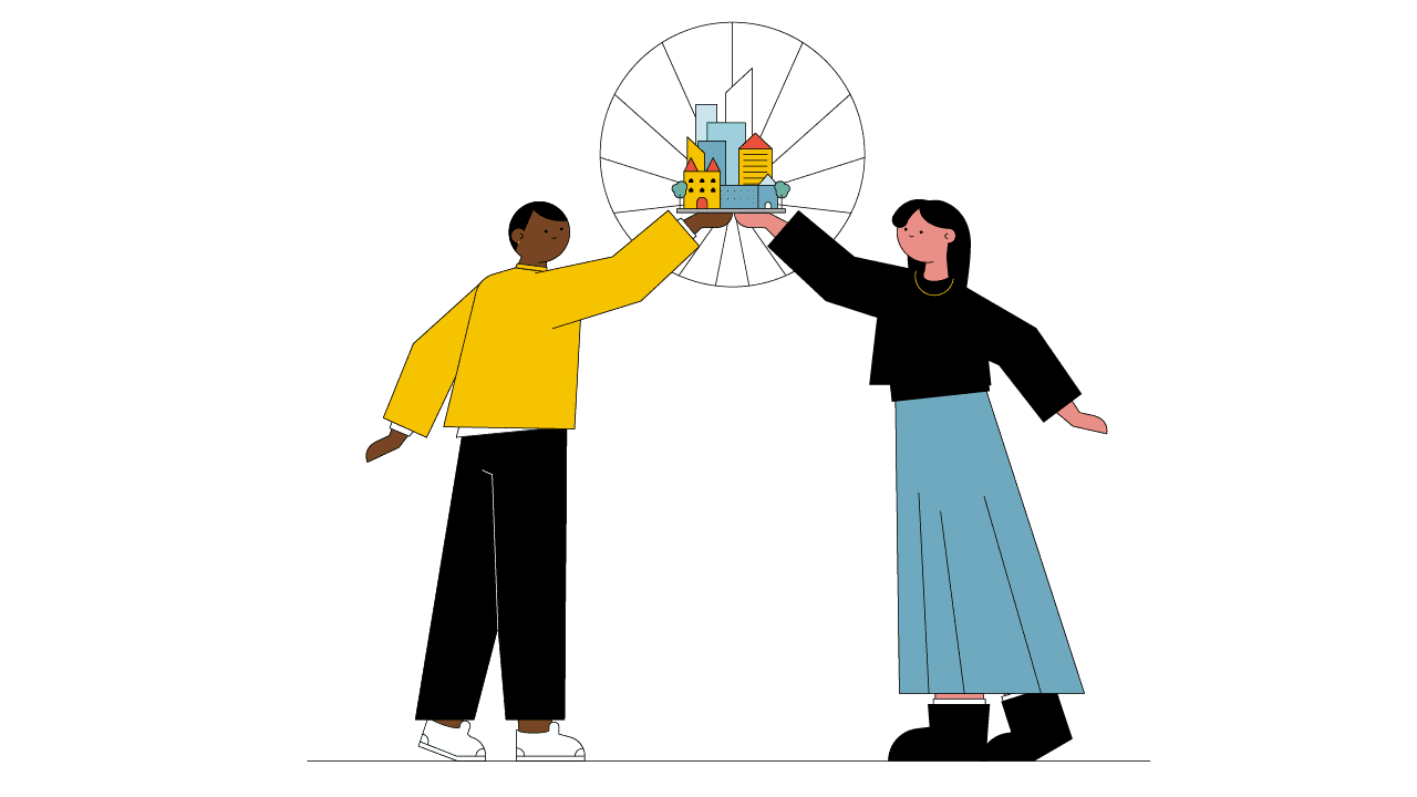 Beeld van man en vrouw die samen een gemeente of provincie omhoog houden ter illustratie van explainer voor overheid door animatiebedrijf Creative Beards