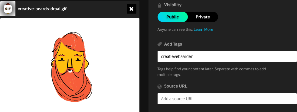 Screenshot van tags toevoegen in giphy