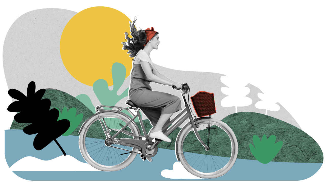 Beeld van vrouw op fiets in duurzame wereld ter illustratie van kosten animatie laten maken over duurzaamheid door animatiebedrijf Creative Beards