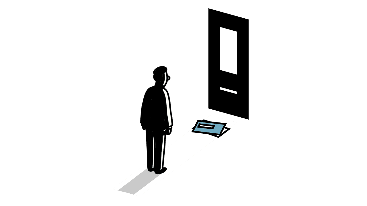 Beeld van man die kijkt naar blauwe envelop die door de deur komt ter illustratie van kosten animatie voor overheid en overheidscommunicatie door animatiestudio Creative Beards