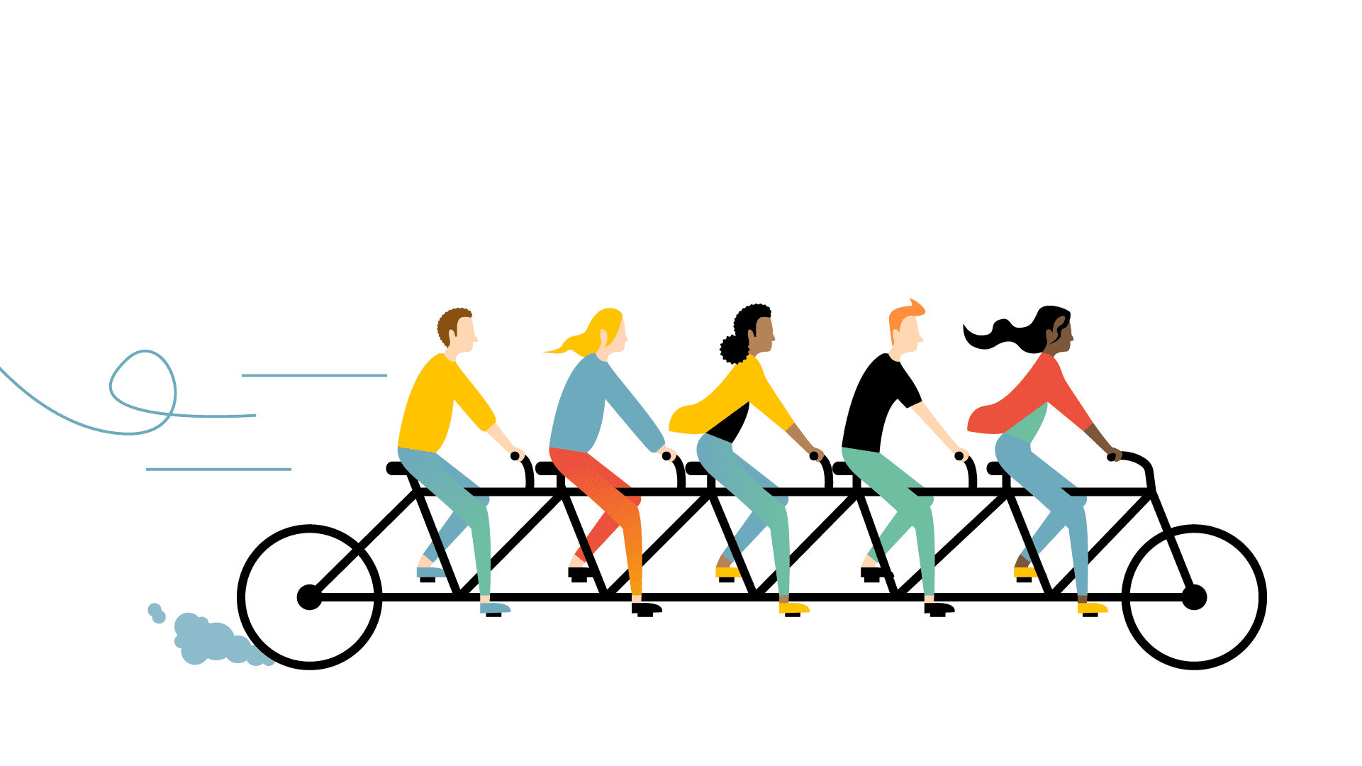 Beeld van 5 mensen op een lange tandem fiets ter illustratie van samen werken met animatiestudio Creative Beards