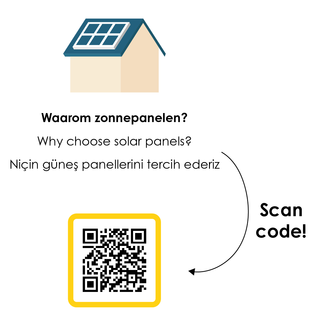 Voorbeeld van duidelijke QR-code in geel kader met een pijl ernaartoe