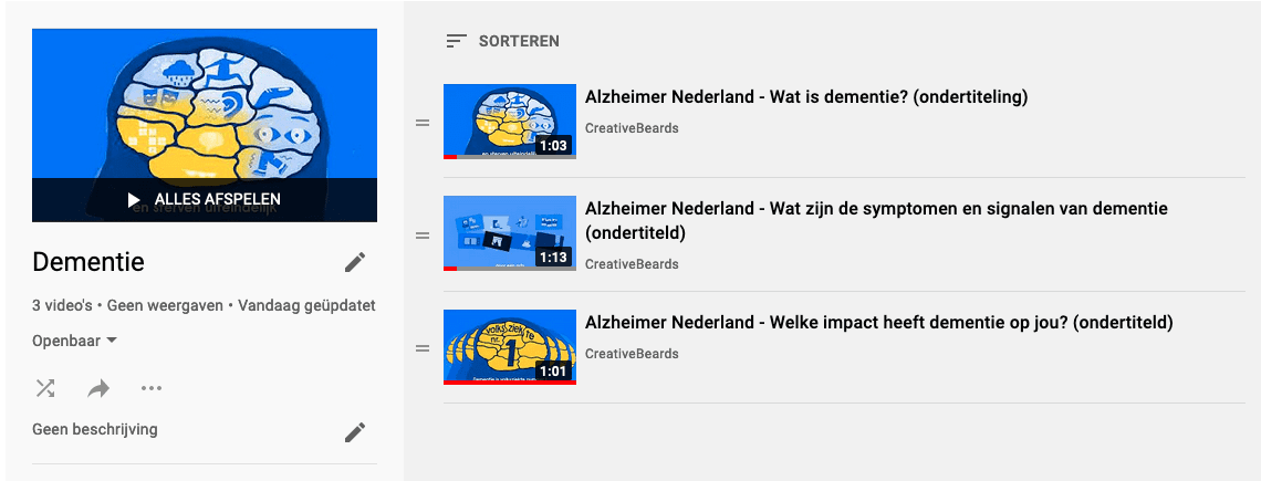 Beeld van playlist in Google over films over dementie
