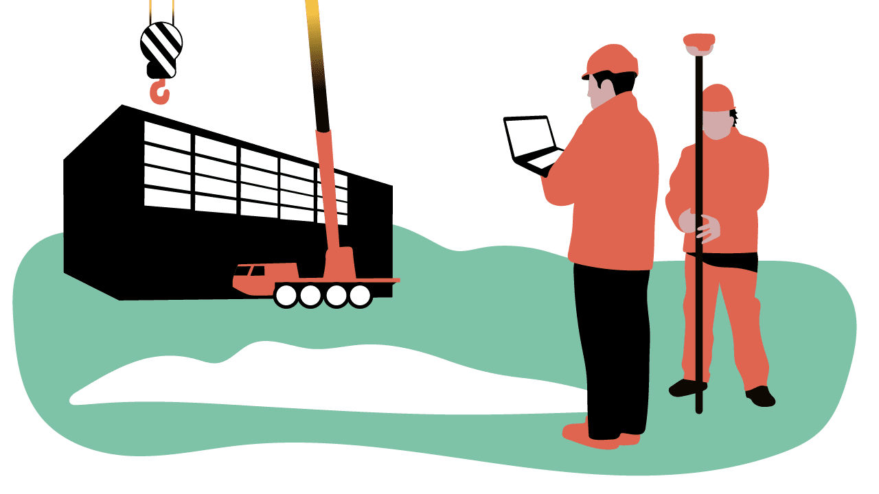 Beeld van bouwvakkers die bij hijskraan staan die iets hijst naar een gebouw ter illustratie van explainer laten maken voor de bouw, constructie en infrastructuur door animatiestudio Creative Beards