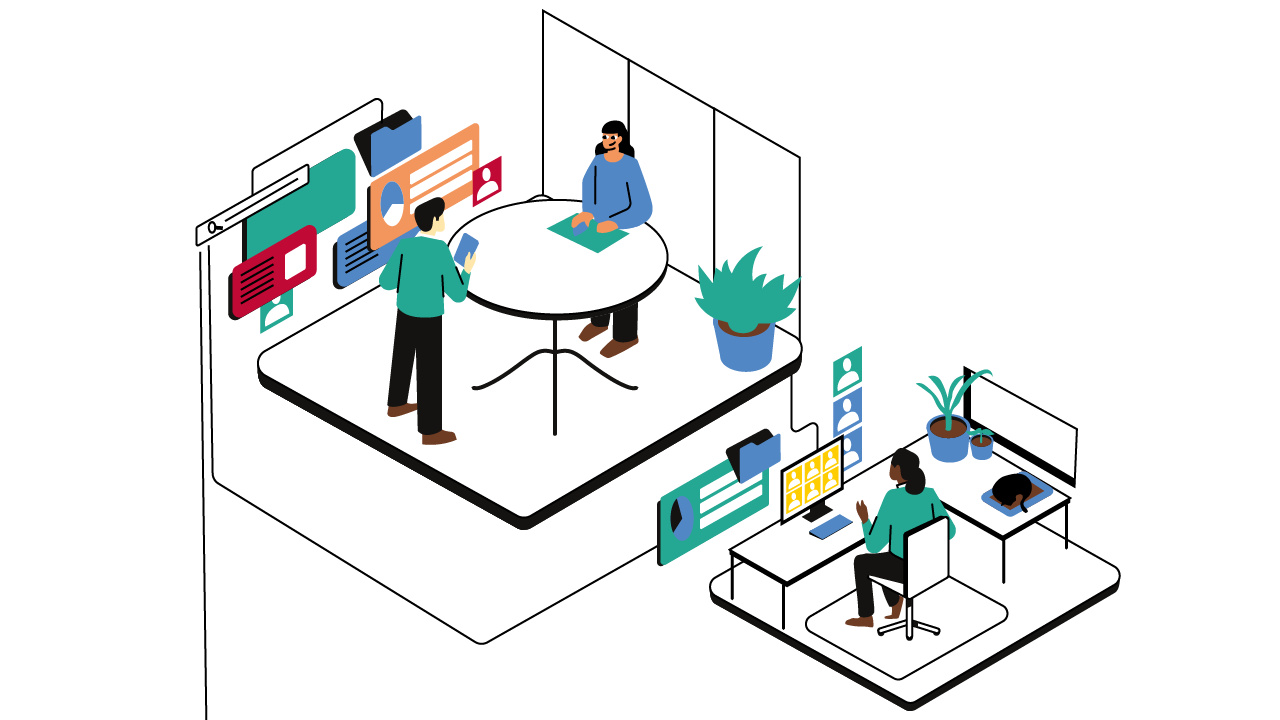 Beeld van twee platforms met mensen die zowel offline als online met elkaar samenwerken ter illustratie van explainer over ict en technologie door animatiestudio Creative Beards