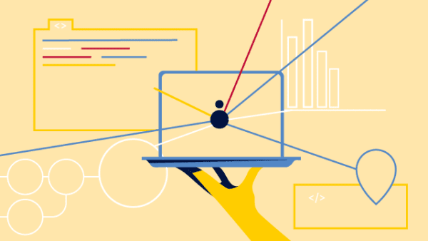 Beeld van een hand die een computer als een dienblad vasthoudt met allerlei grafische elementen eromheen ter illustratie van ict en technologie animatie overzicht