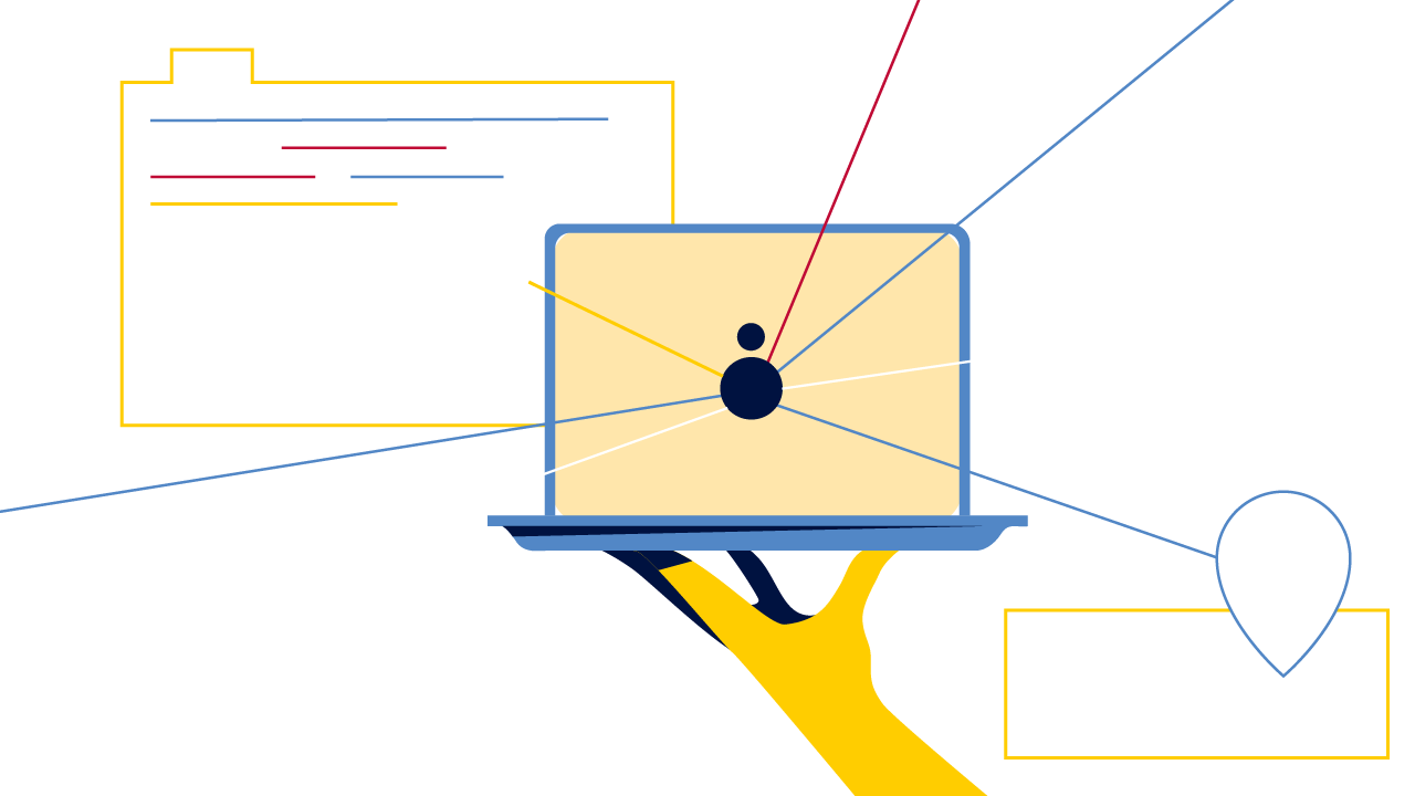 Beeld van een hand die een computer omhoog houdt waar allerlei lijnen en vensters uitkomen ter illustratie van kosten animatie ict en technologie door animatiebedrijf Creative Beards