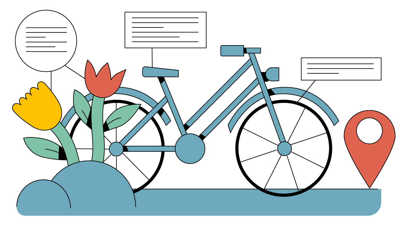 Beeld van fiets met tulpen en tekstballonnetjes uit de fiets ter illustratie van infographic bedrijf uit Utrecht