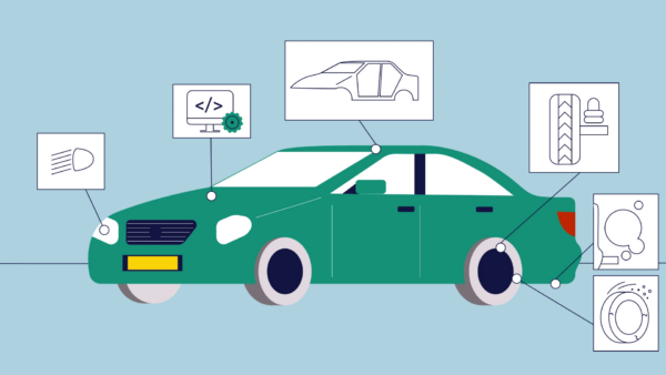 Mobiliteit infographic van een auto met allerlei kenmerken van de auto die als popups uit de lamp, band enzovoorts komen