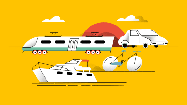 Beeld van verschillende voertuigen auto trein fiets boot met op achtergrond rode zon horizon ter illustratie van mobiliteit verkeer animaties door animatiebedrijf Creative Beards