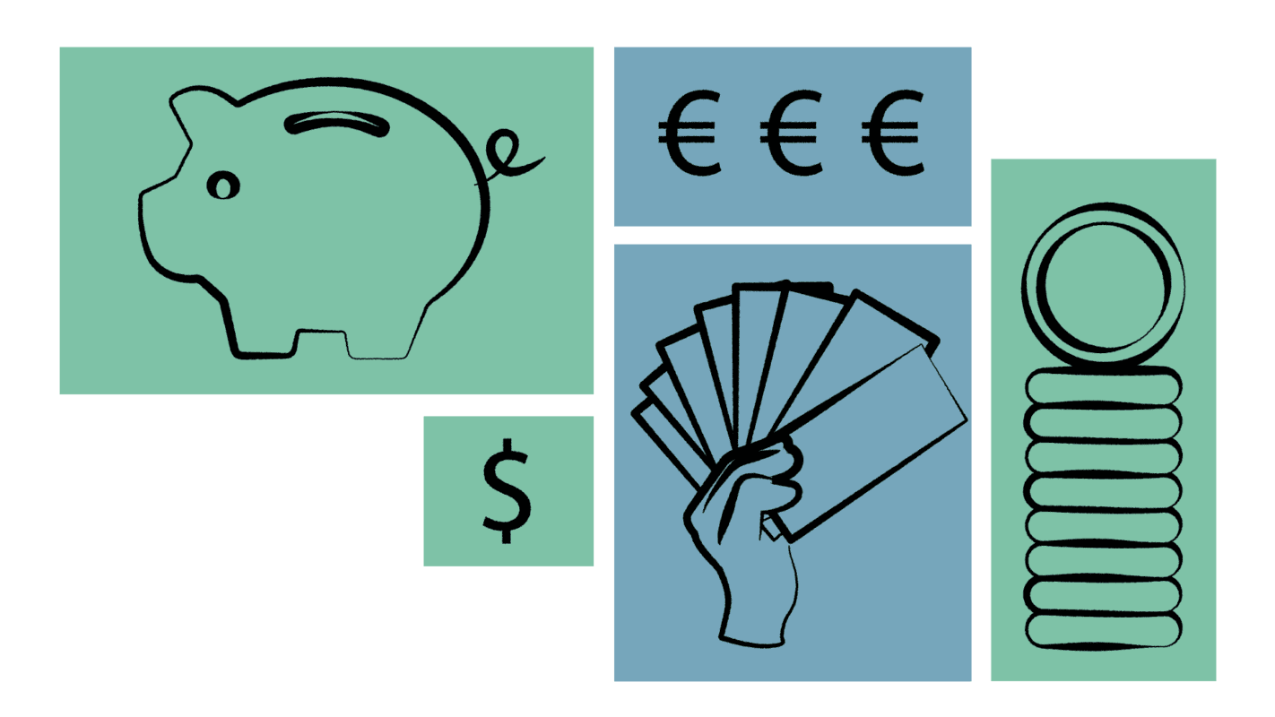 Beeld van tekeningen van spaarvarken en geld, ter illustratie van explainer laten maken over pensioen en financien door animatiebedrijf Creative Beards