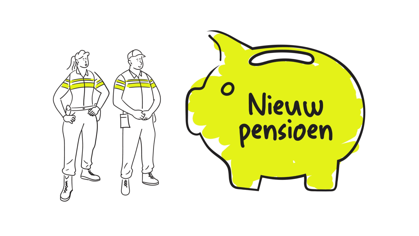 Beeld van twee politiemedewerkers die naar een grote nieuwe pensioenpot kijken ter illustratie van animatie over nieuwe pensioenregeling bij pensioenfonds ABP door animatiebedrijf Creative Beards