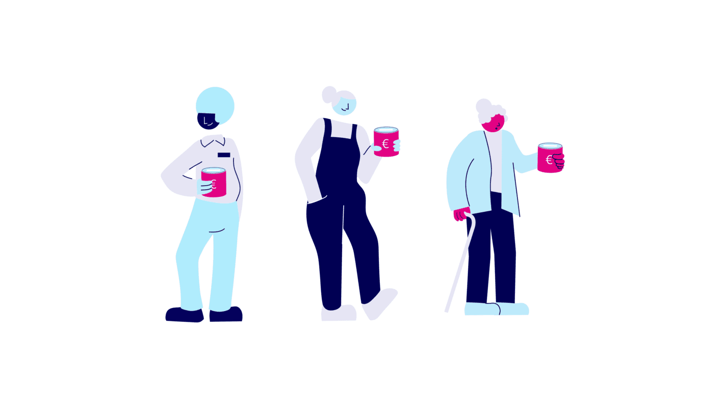 Beeld van drie karakters met een pensioenpotje ter illustratie van animatie over pensioen voor pensioenfonds stipp door animatiestudio Creative Beards