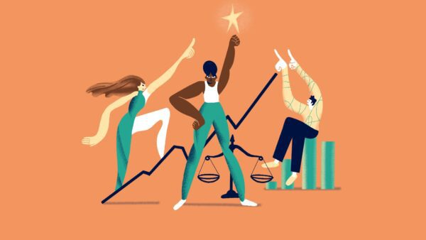 Drie personen met verschillende etniciteiten die samen een opwaardse lijn laten zien met positief en sterk gedrag ter illustratie van blog over animatie over gedragscodes door animatiestudio Creative Beards