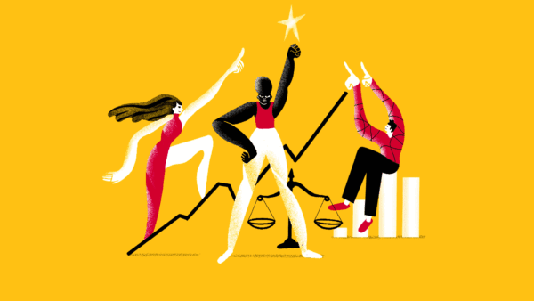 Drie personen met verschillende etniciteiten die samen een opwaardse lijn laten zien met positief en sterk gedrag ter illustratie van blog over animatie over gedragscodes door animatiestudio Creative Beards