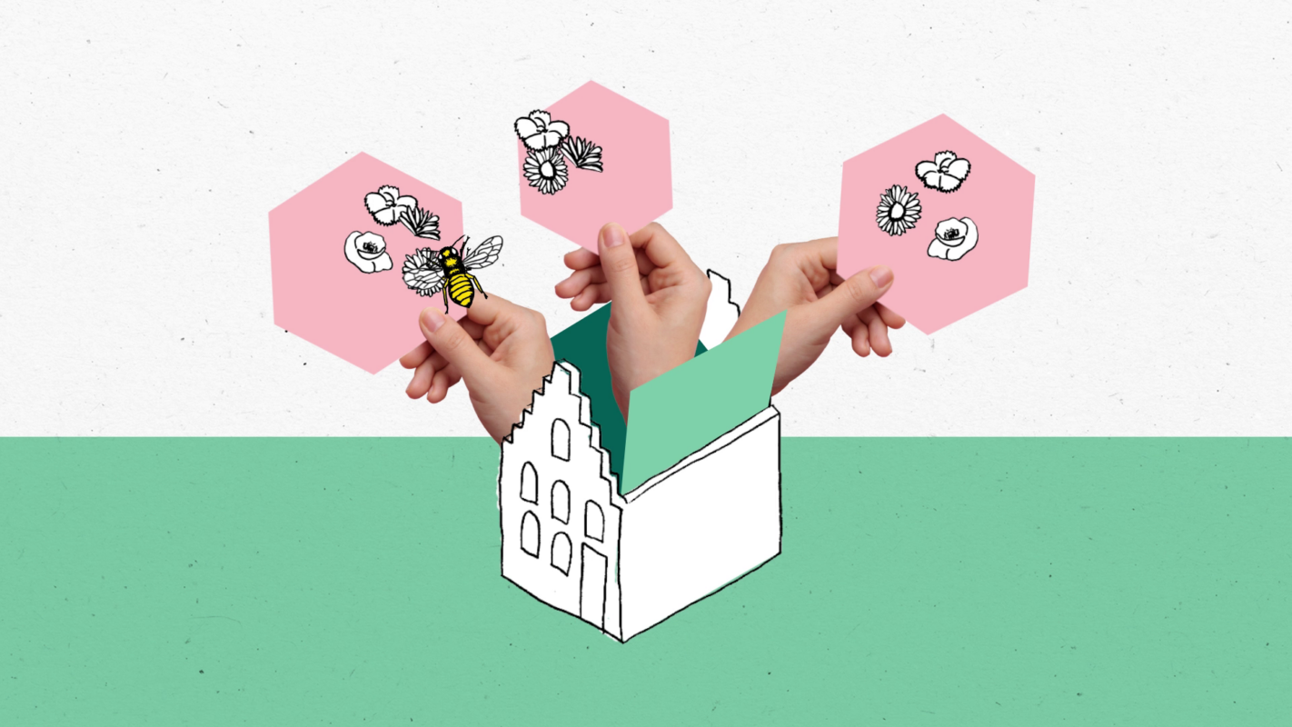 Beeld van drie handen die een zakje bloemzaad uit een huisje steken ter illustratie van celanimatie in mixed-media animatie