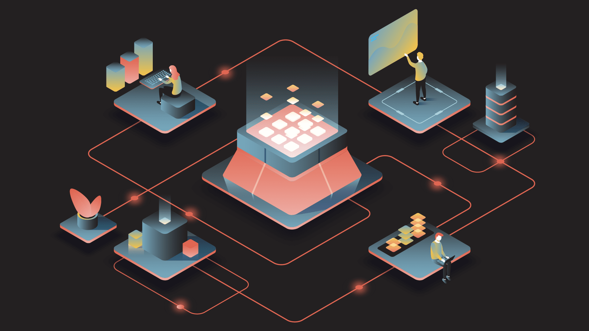 Beeld van technologische omgeving met allerlei platforms met technologie ter illustratie van isometrische holografische illustratie subtiel toegepast door animatiestudio Creative Beards
