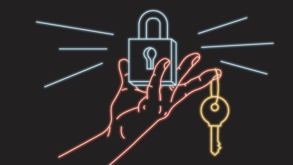Beeld van hand dat slot omhoog houdt met sleutel ter illustratie van neon stijl door animatiestudio Creative Beards