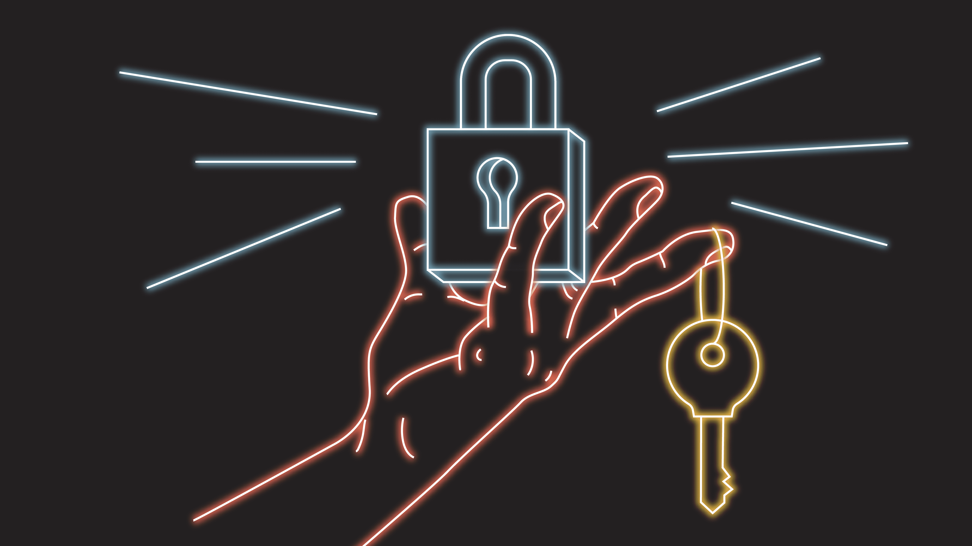 Beeld van hand dat slot omhoog houdt met sleutel ter illustratie van neon stijl door animatiestudio Creative Beards