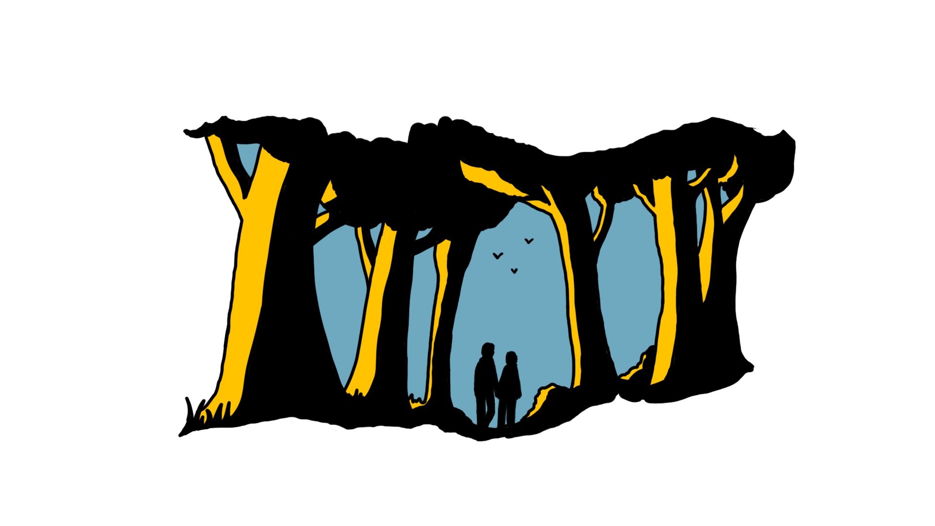 Beeld van mensen in bos zwart-wit met steunkleur blauw ter illustratie van film noir illustratie stijl