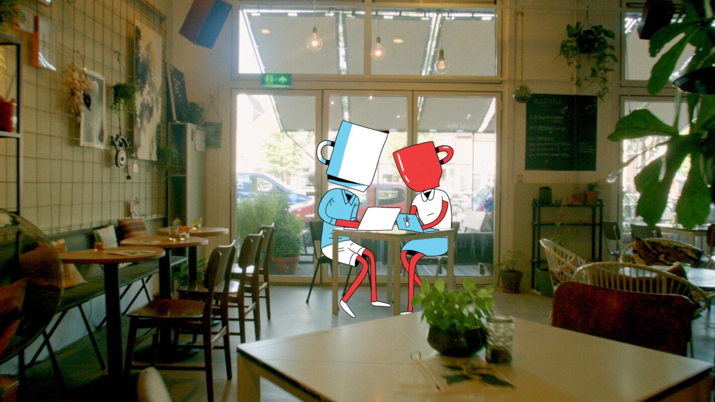 Beeld van een Utrechts restaurant met daarin twee illustratieve figuren ter illustratie van live-action combinatie met animatie door animatiebureau Creative Beards