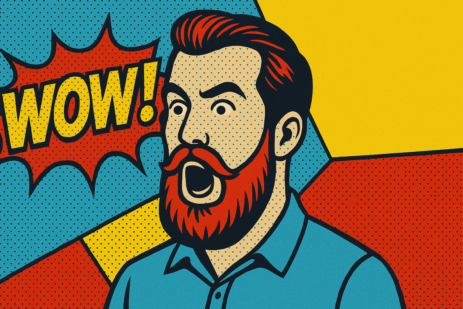 Beeld van man die wow roept ter illustratie van popart stijl