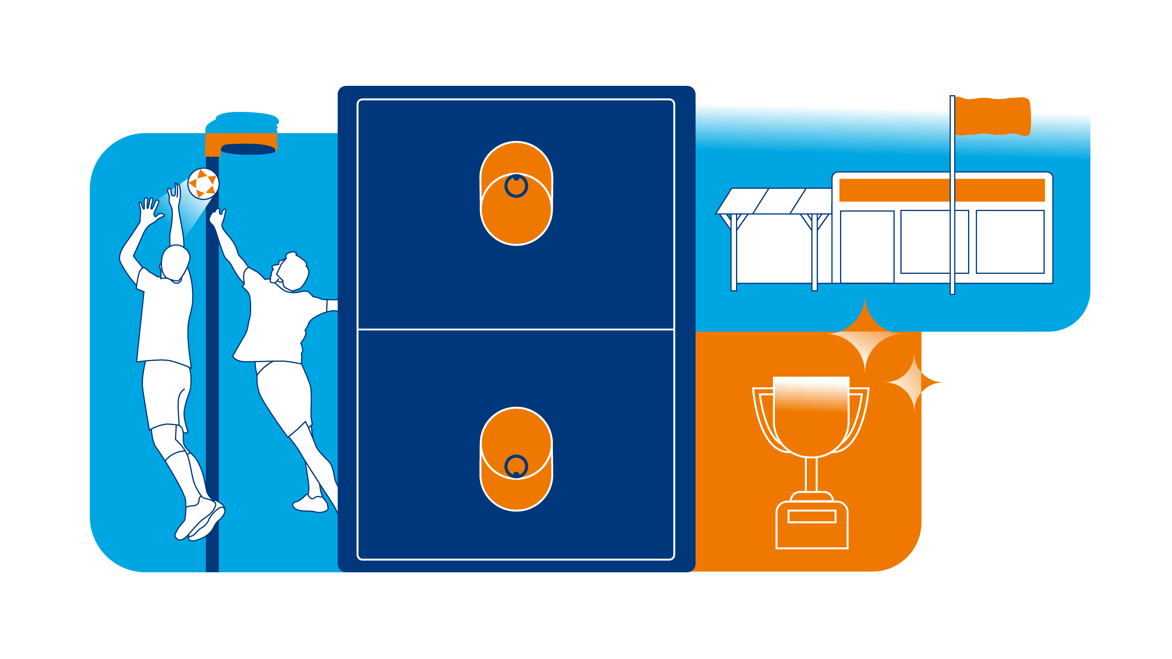 Beeld van korfballers met een veld en vereniging en beker ter illustratie van uitbreiding visuele identiteit KNKV