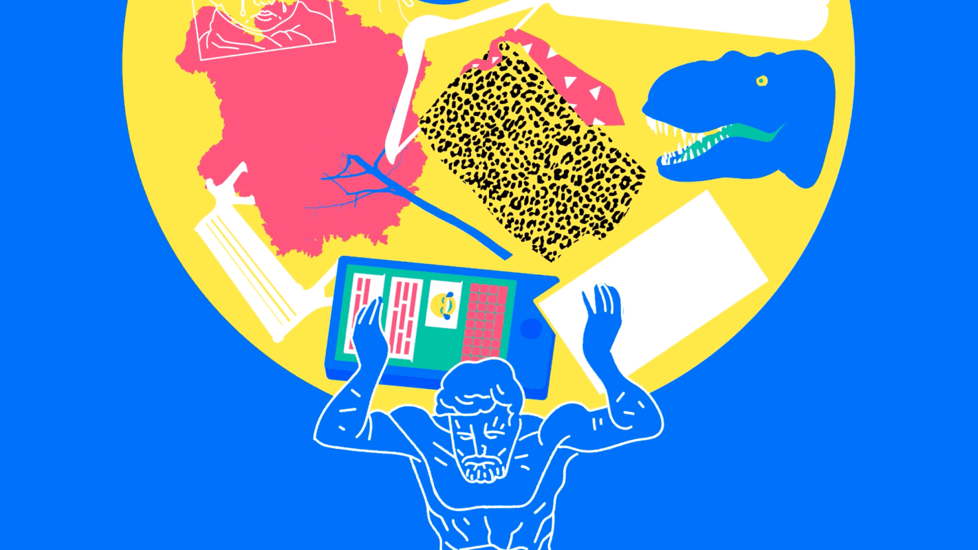 Beeld van getekende man die een bol met kunst en cultuur omhoog houdt ter illustratie van uitleganimatie over cultuur door animatiestudio Creative Beards