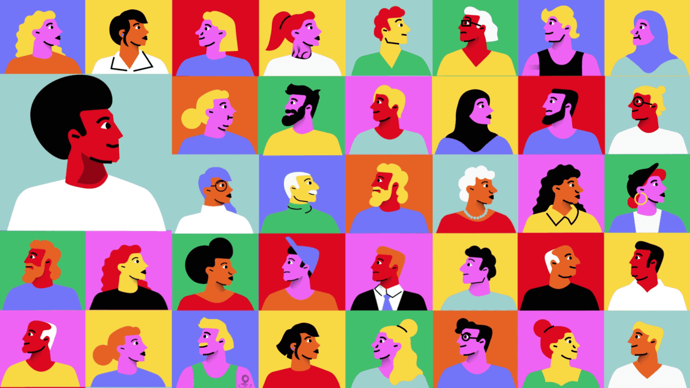 Beeld van allerlei mensen in een raster ter illustratie van animatie voor non-profit sector over burgerberaad door animatiestudio Creative Beards