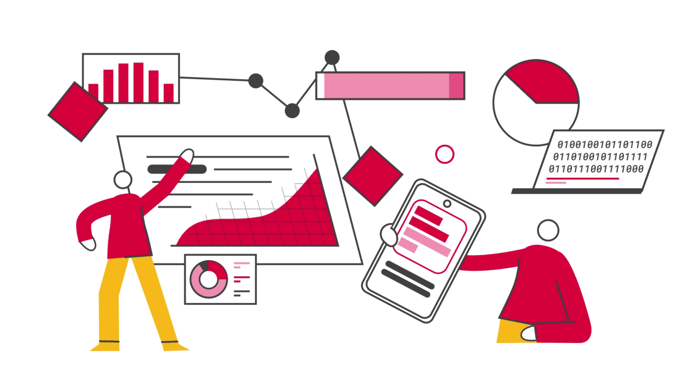 Beeld van twee personen omringt door allerlei informatie en data ter illustratie van animatievideo over dataplatform door animatiebedrijf Creative Beards