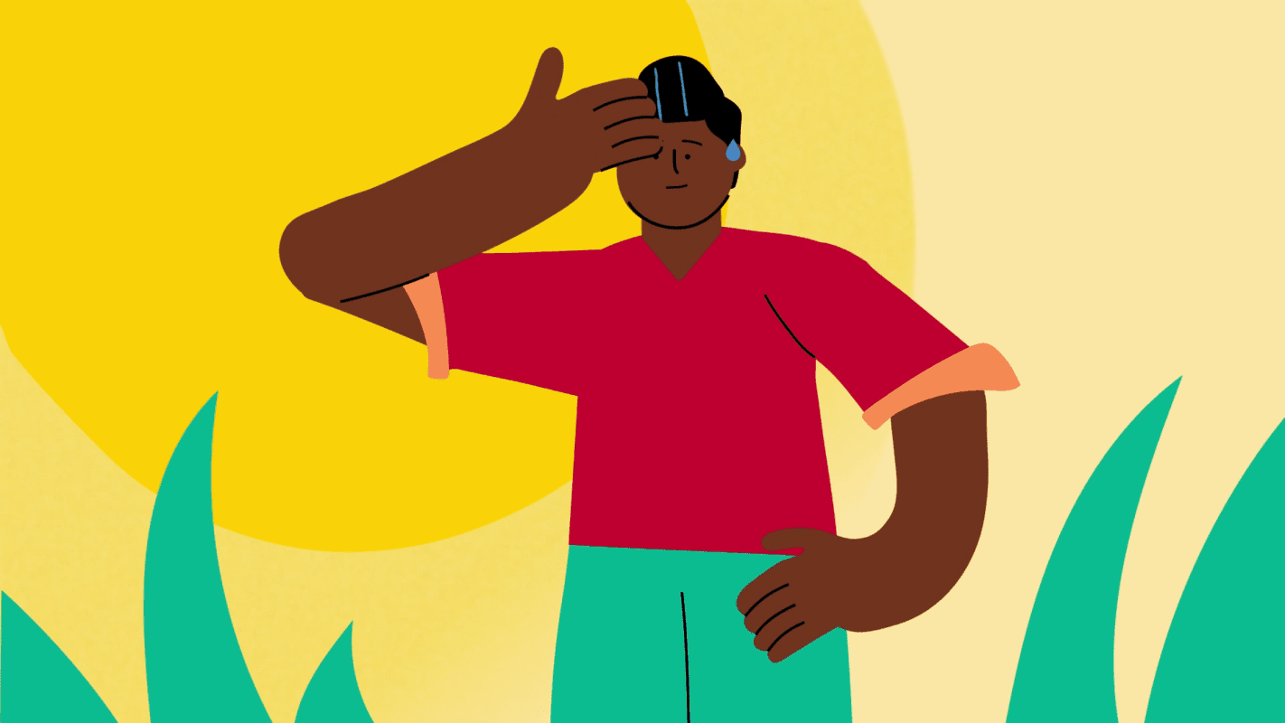 Beeld van persoon in brandende zon die het heet heeft ter illustratie van animatie over droogte door animatiebedrijf Creative Beards