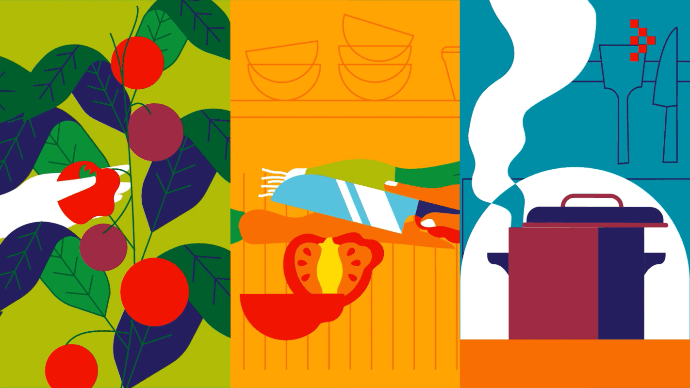 Beeld van split-screen met allerlei eten ter illustratie van explainer over inkoopbeleid door animatiestudio Creative Beards