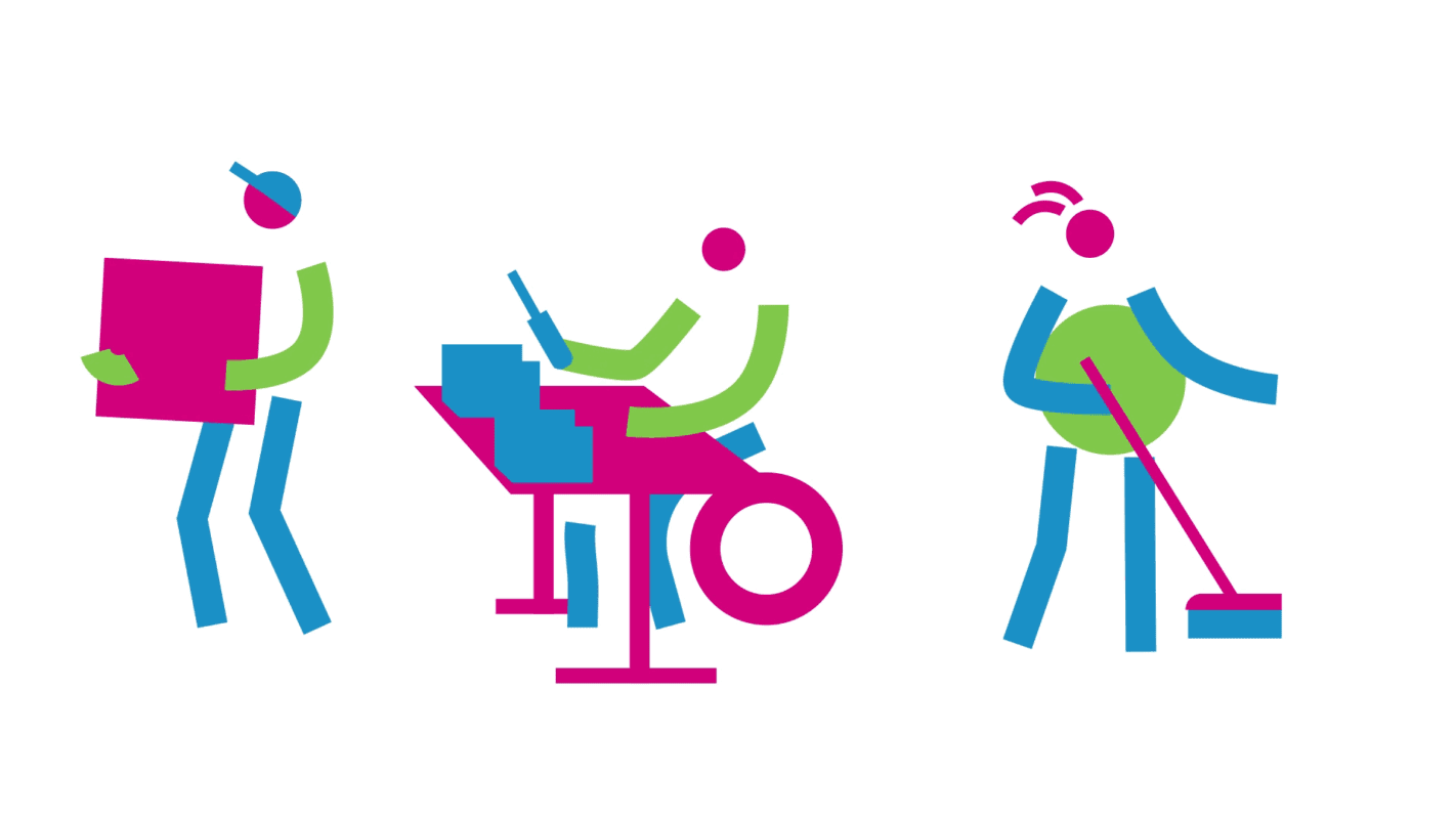 Beeld van drie karakters die allemaal ander werk doen ter illustratie van veilig en gezond werken animatie door animatiebedrijf Creative Beards