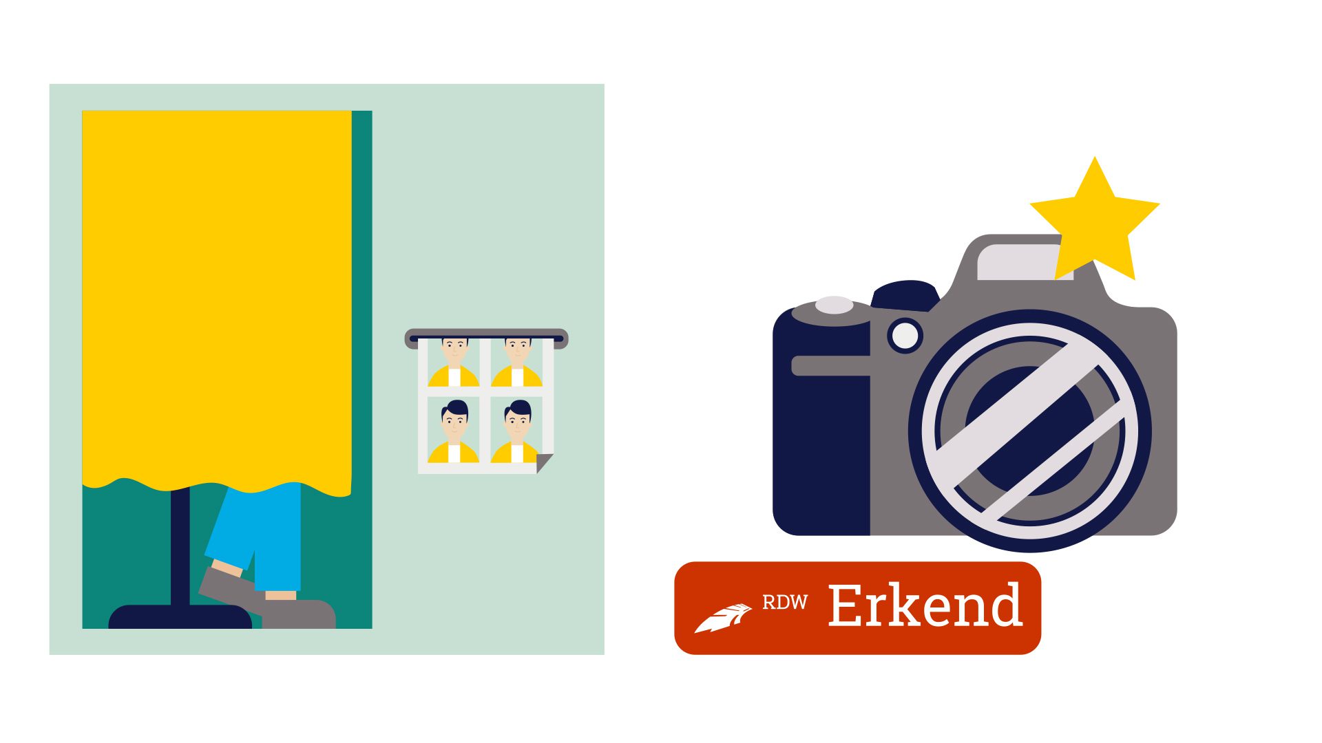 Beeld van iemand in een fotohokje met ernaast een fototoestel als beeld bij campagne over rijbewijs online verlengen